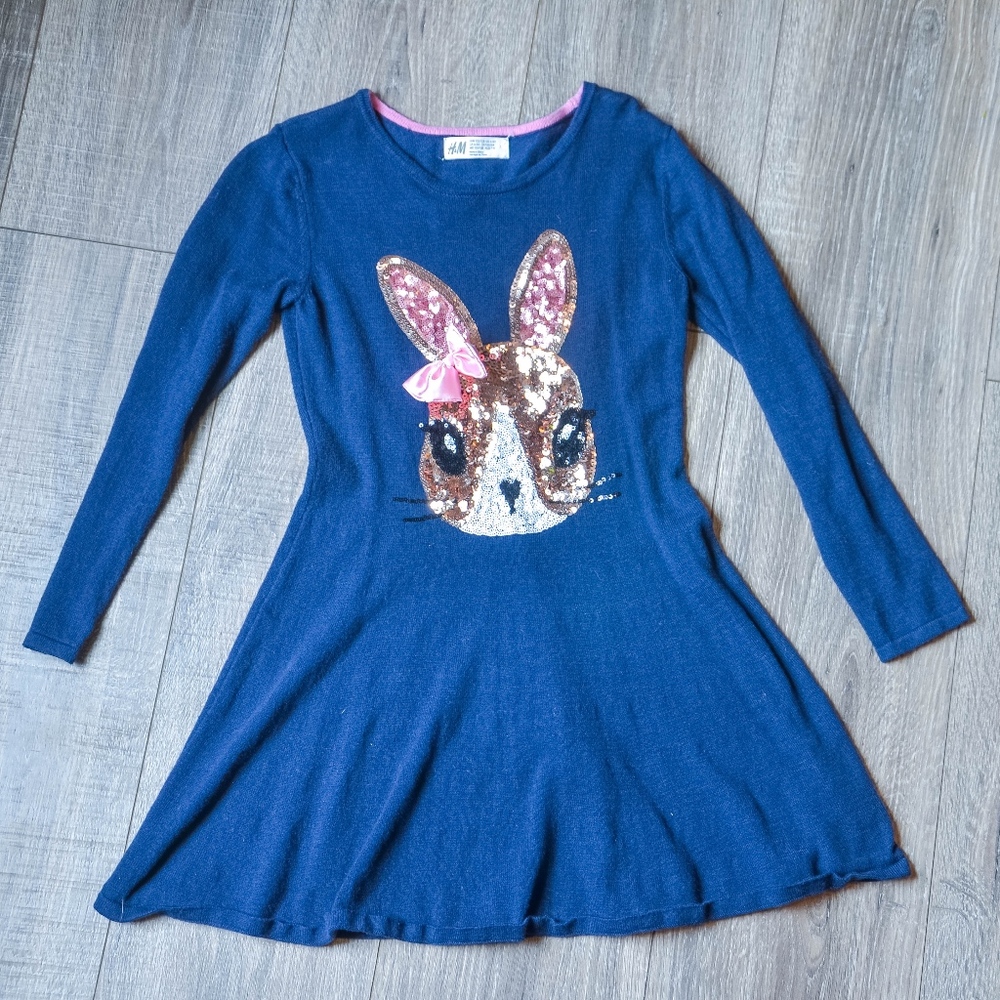 H&M Dark Blue Sequin Bunny Long-sleeve Dress